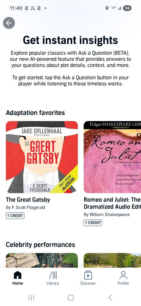 Landing screen for Audible's 'Ask a Question' feature, titled 'Get instant insights', showcasing adaptation favorites like 'The Great Gatsby' and 'Romeo and Juliet' in a mobile app interface.